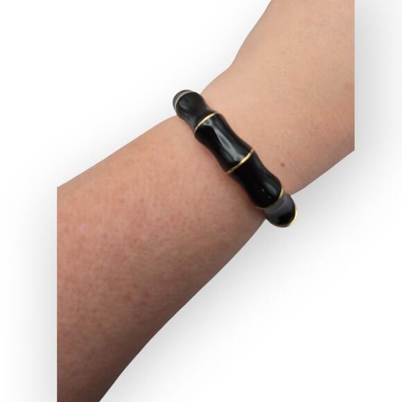 Black and Gold Bangle – Elegant Enamel Bamboo Hinge Bracelet - Picture 3 of 9